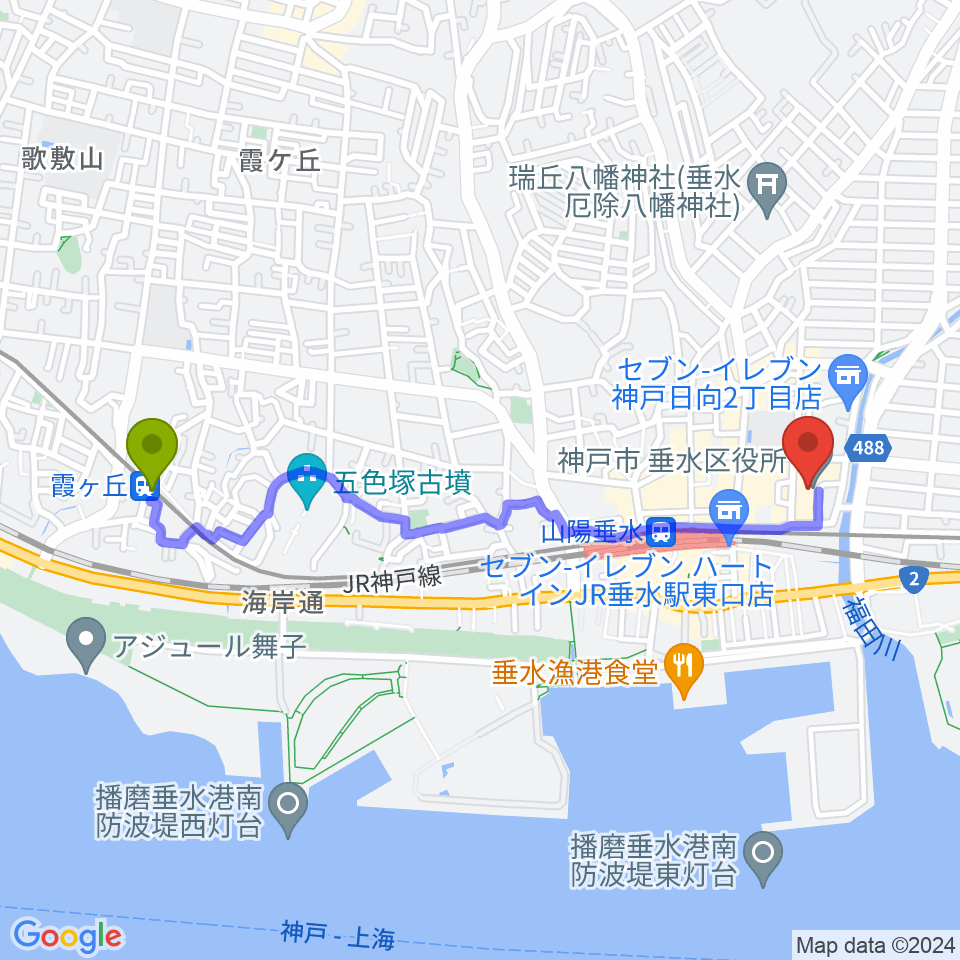 霞ヶ丘駅から垂水区文化センター レバンテホールへのルートマップ地図