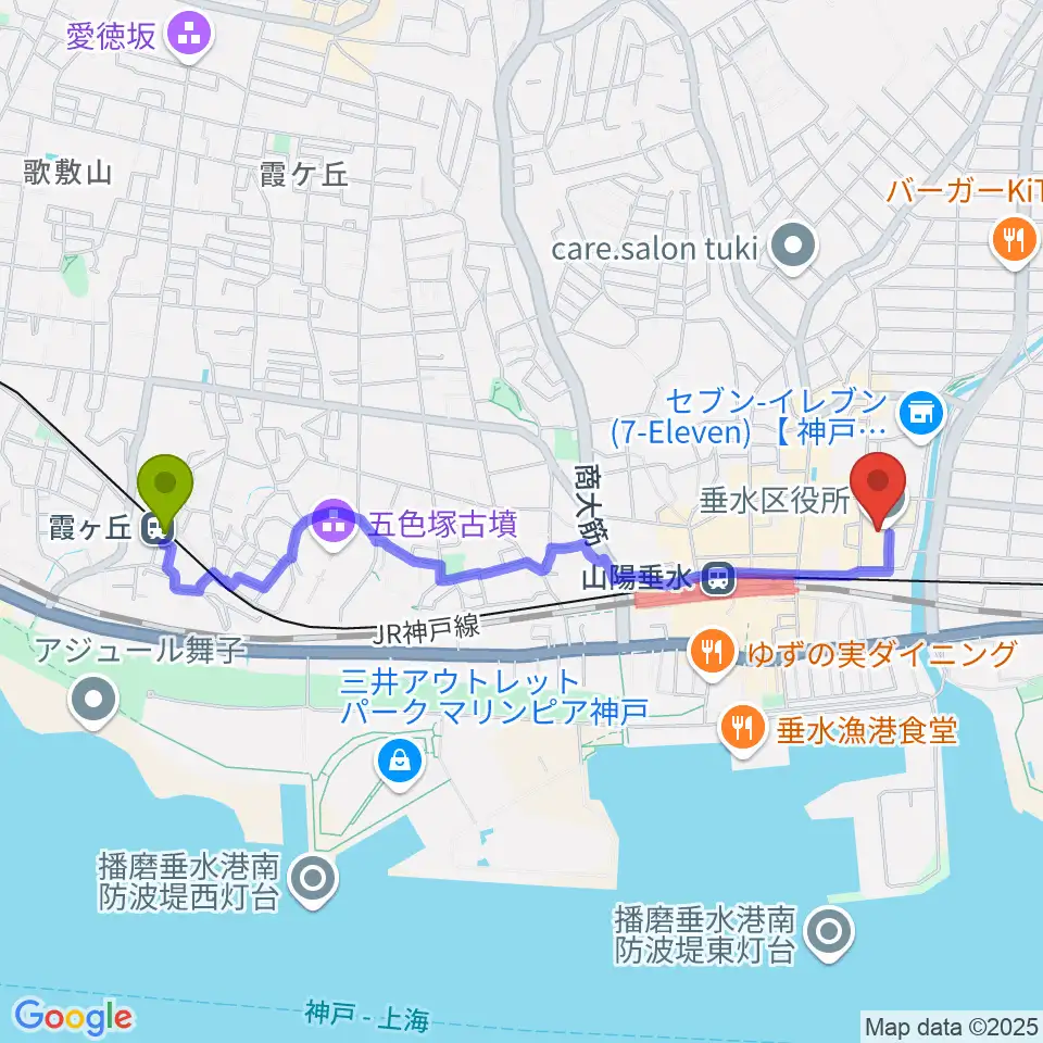 霞ヶ丘駅から垂水区文化センター レバンテホールへのルートマップ地図