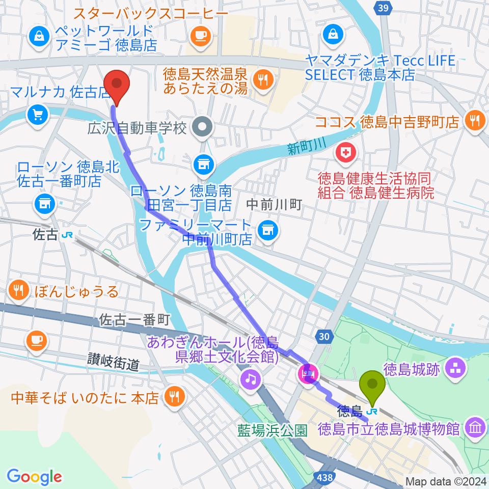 徳島駅からワークスタッフ陸上競技場（徳島市陸上競技場）へのルートマップ地図