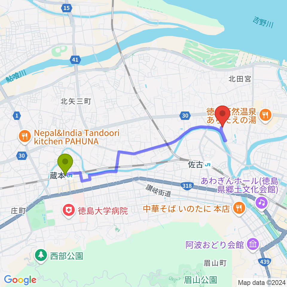 蔵本駅からワークスタッフ陸上競技場（徳島市陸上競技場）へのルートマップ地図