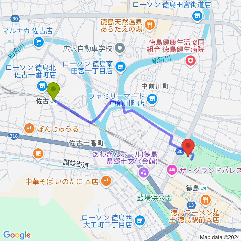 佐古駅からとくぎんトモニアリーナ 徳島市立体育館へのルートマップ地図