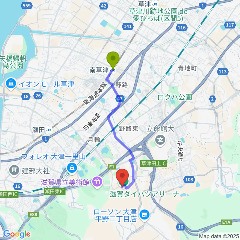 南草津駅から滋賀ダイハツアリーナへのルートマップ地図