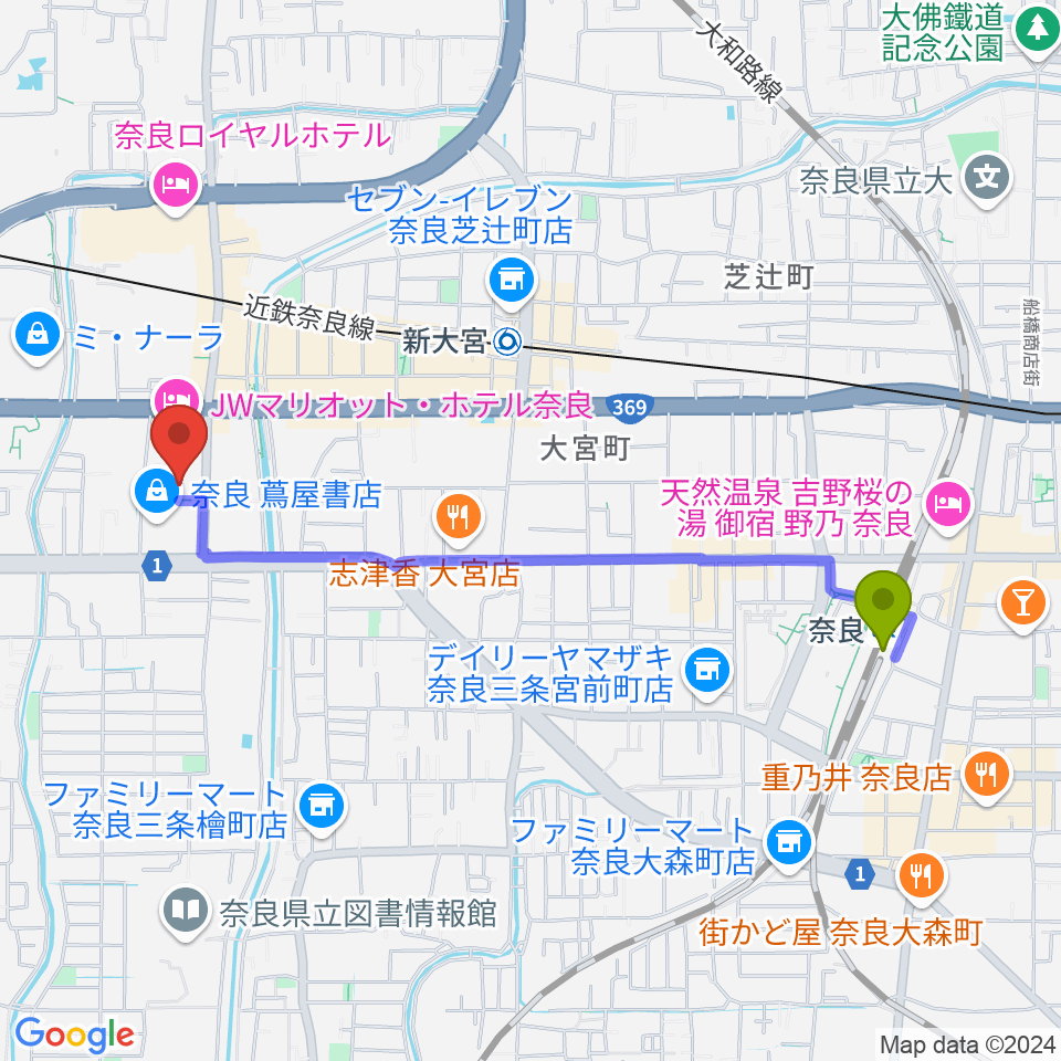 奈良駅から奈良県コンベンションセンターへのルートマップ地図