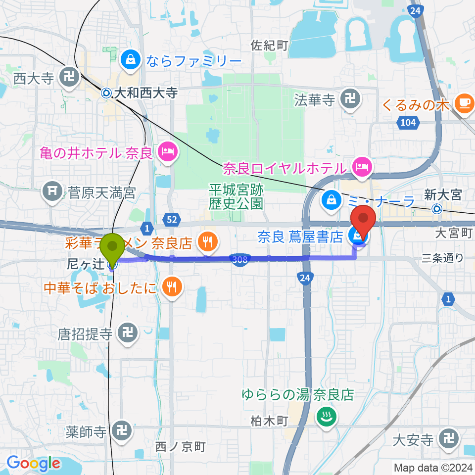 尼ヶ辻駅から奈良県コンベンションセンターへのルートマップ地図