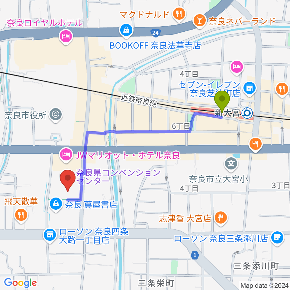 奈良県コンベンションセンターの最寄駅新大宮駅からの徒歩ルート（約9分）地図