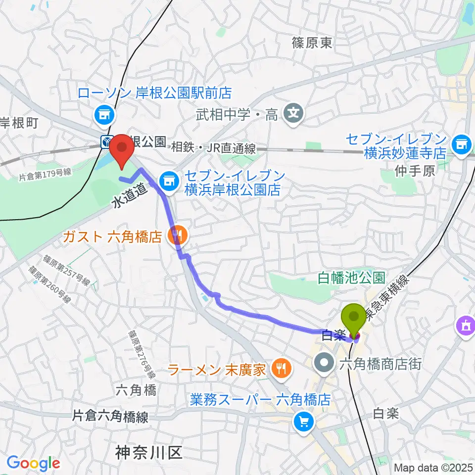 白楽駅からシンコースポーツ神奈川県立武道館へのルートマップ地図
