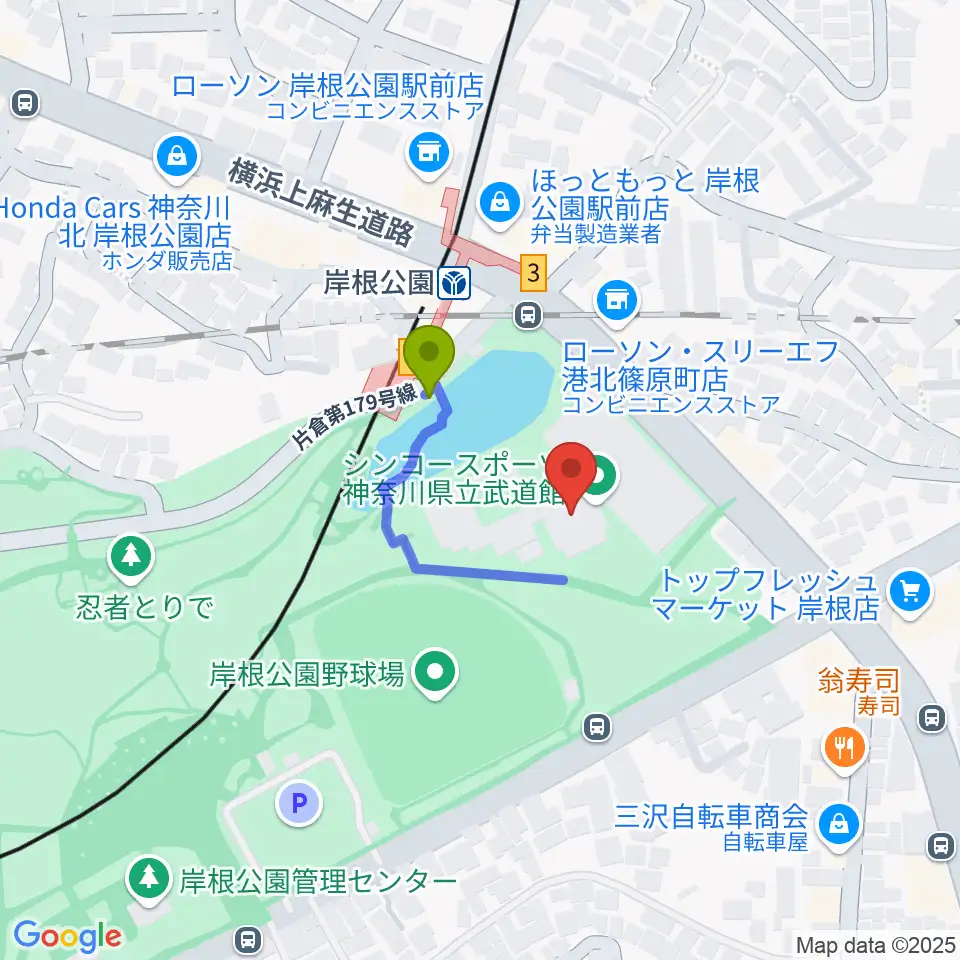 シンコースポーツ神奈川県立武道館の最寄駅岸根公園駅からの徒歩ルート（約1分）地図