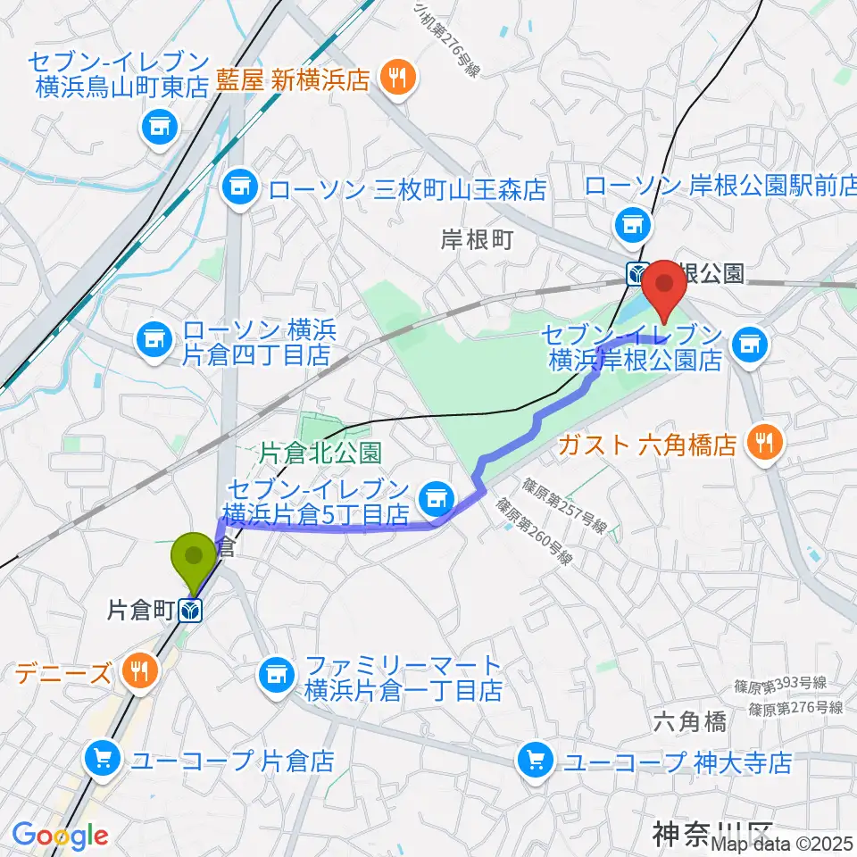 片倉町駅からシンコースポーツ神奈川県立武道館へのルートマップ地図