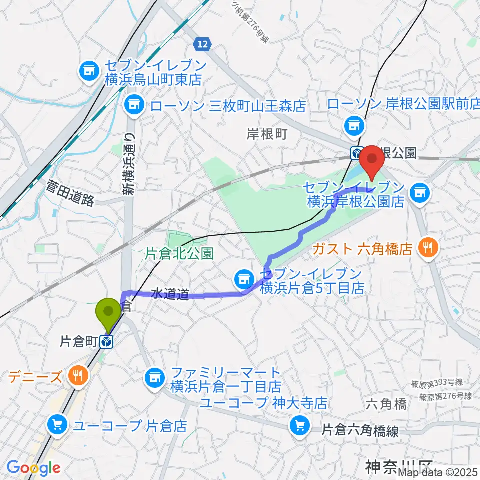 片倉町駅からシンコースポーツ神奈川県立武道館へのルートマップ地図