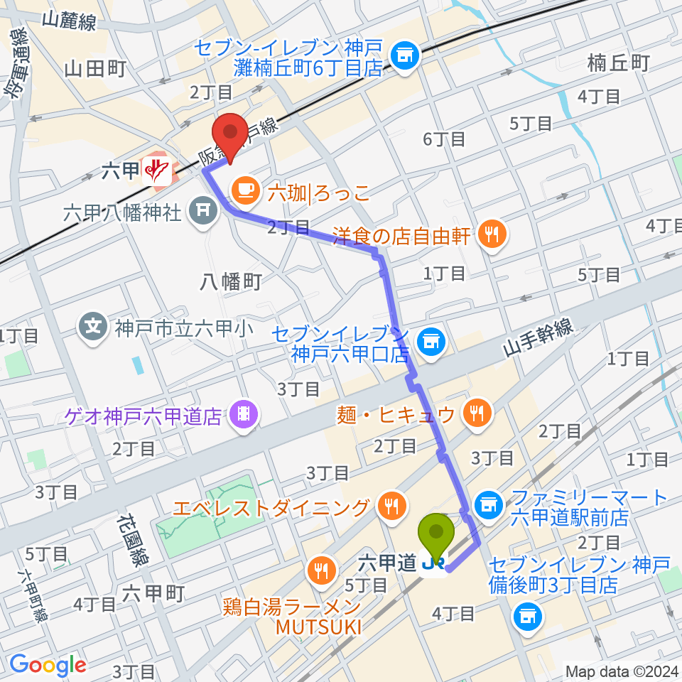 六甲道駅からスタジオハイダウェイ阪急六甲店へのルートマップ地図