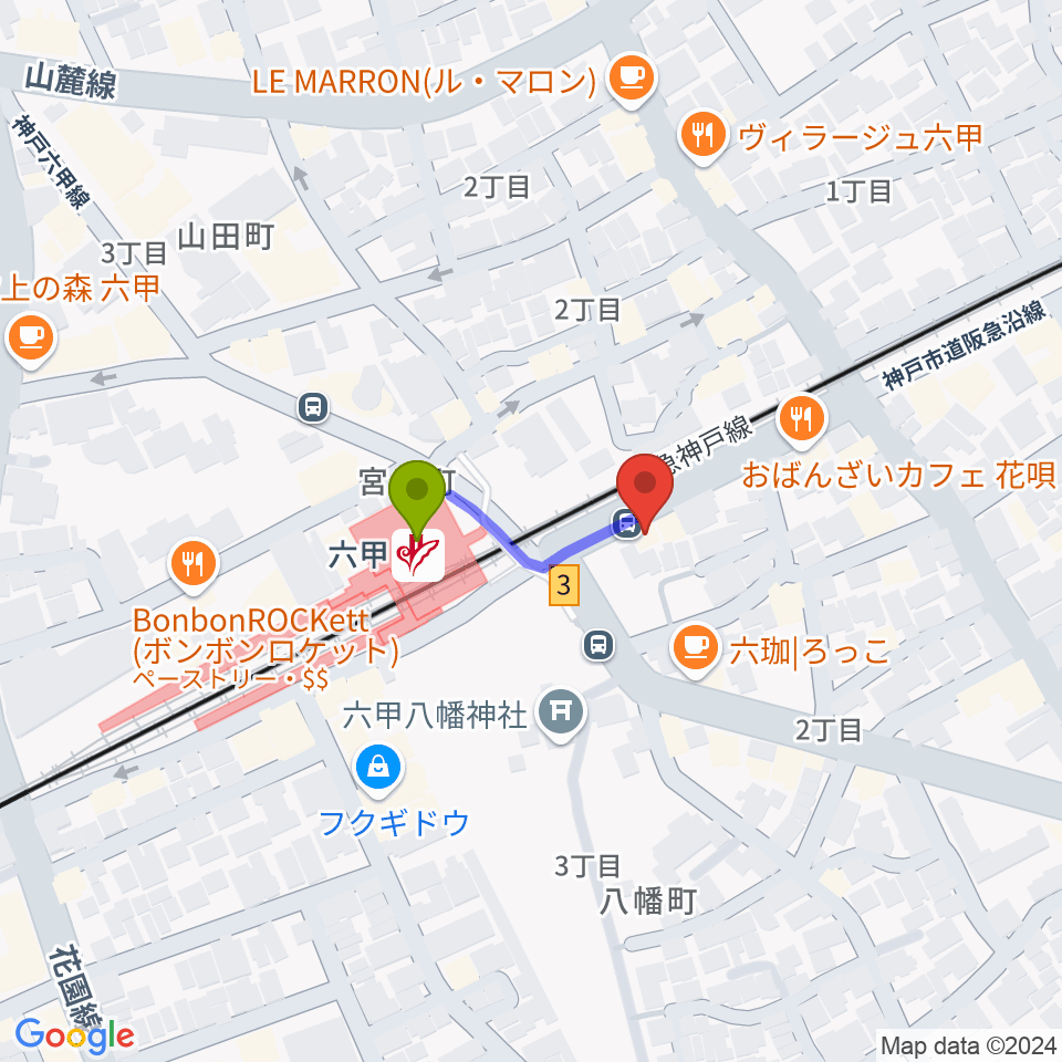 スタジオハイダウェイ阪急六甲店の最寄駅六甲駅からの徒歩ルート（約2分）地図