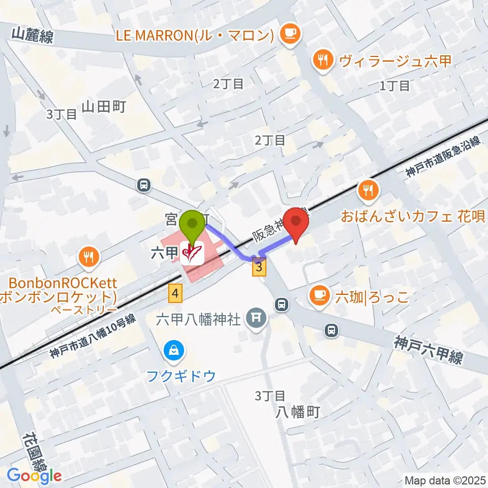 スタジオハイダウェイ阪急六甲店の最寄駅六甲駅からの徒歩ルート（約2分）地図