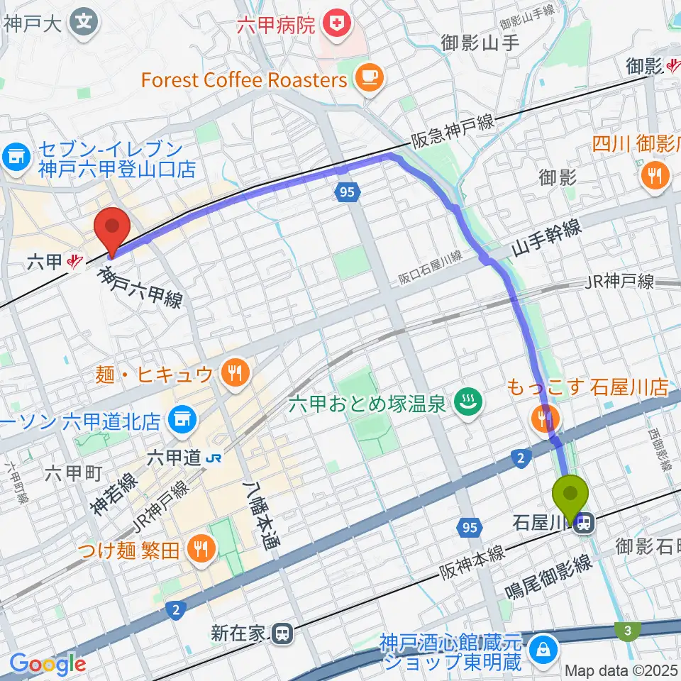 石屋川駅からスタジオハイダウェイ阪急六甲店へのルートマップ地図