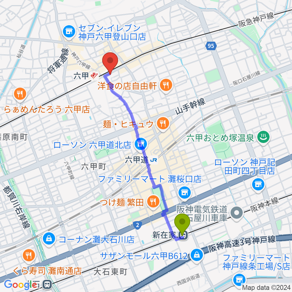 新在家駅からスタジオハイダウェイ阪急六甲店へのルートマップ地図