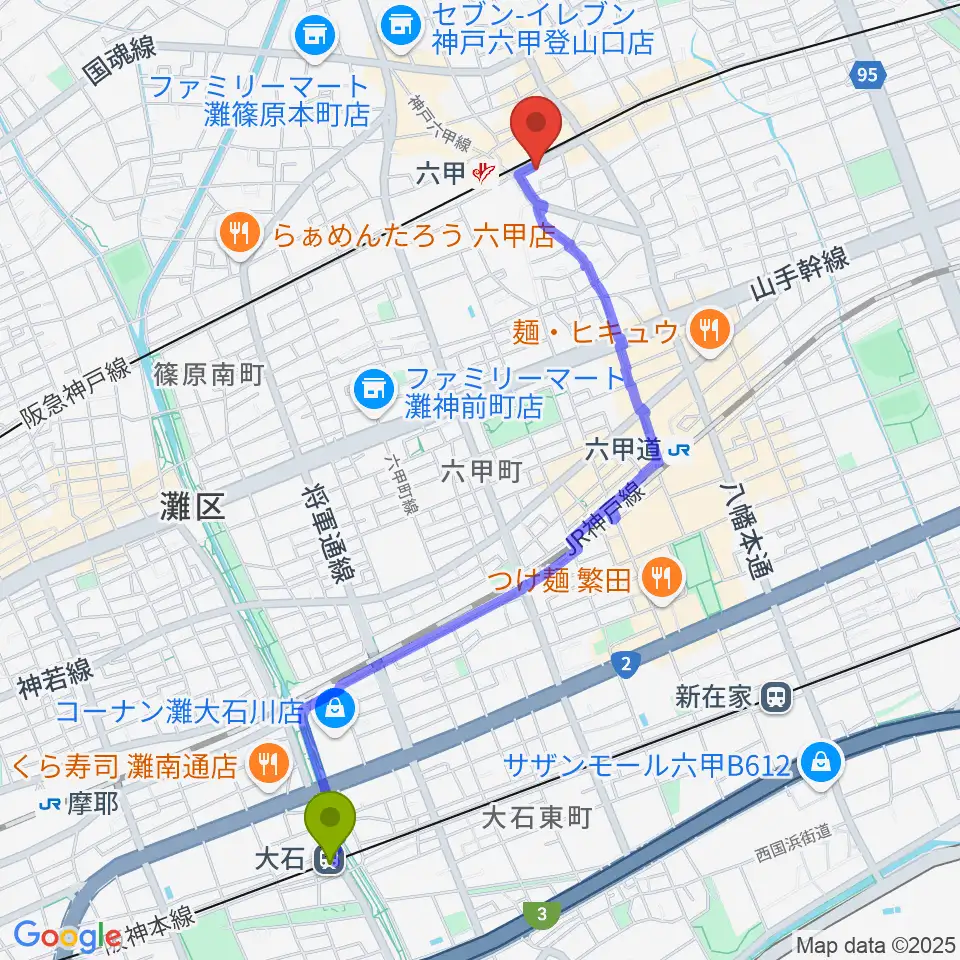 大石駅からスタジオハイダウェイ阪急六甲店へのルートマップ地図