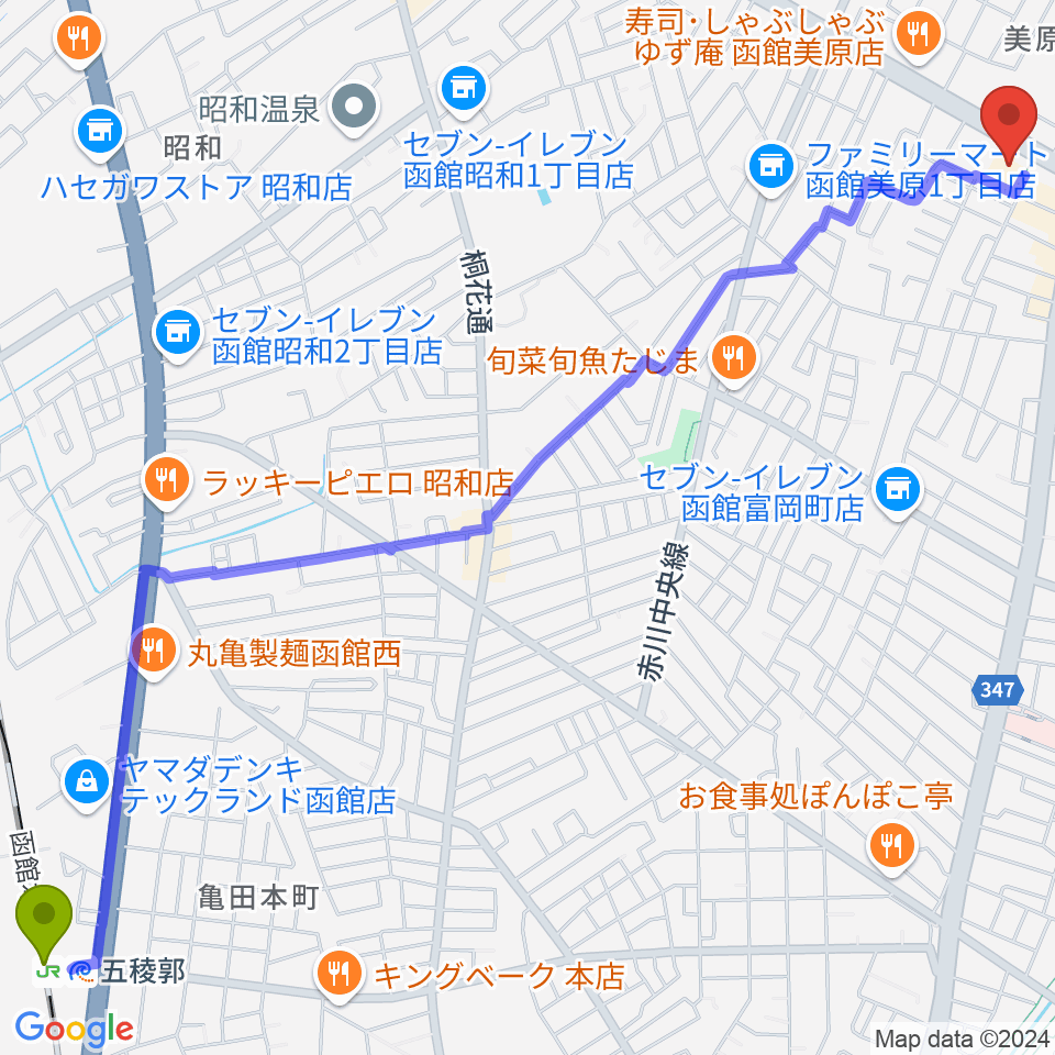 函館市亀田交流プラザの最寄駅五稜郭駅からの徒歩ルート（約34分）地図