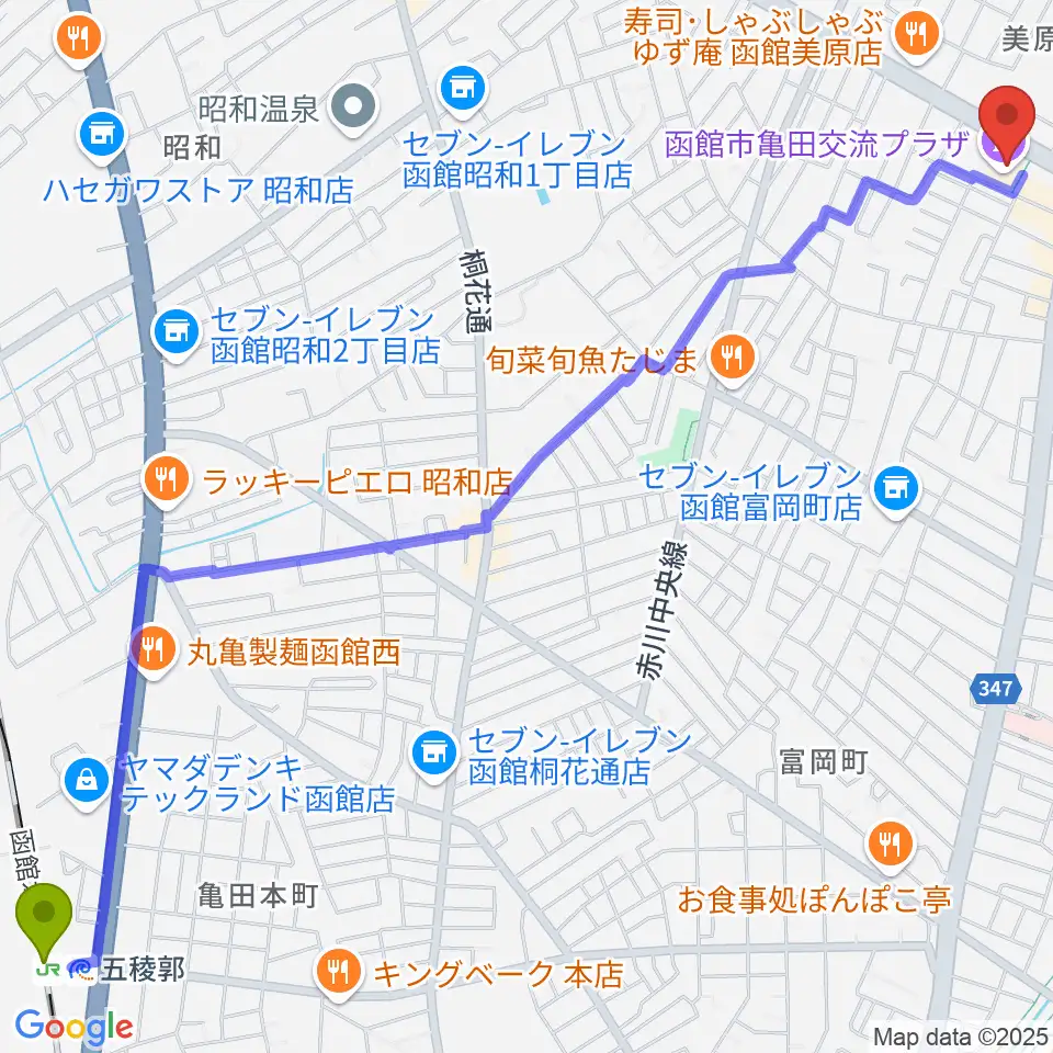 函館市亀田交流プラザの最寄駅五稜郭駅からの徒歩ルート（約34分）地図