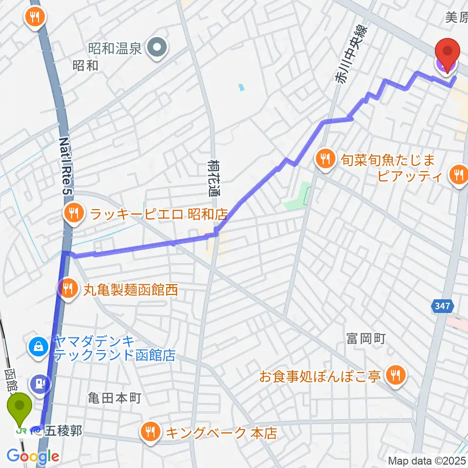 函館市亀田交流プラザの最寄駅五稜郭駅からの徒歩ルート（約34分）地図
