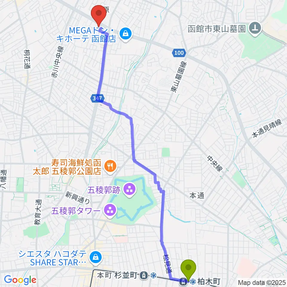 柏木町駅から函館市亀田交流プラザへのルートマップ地図