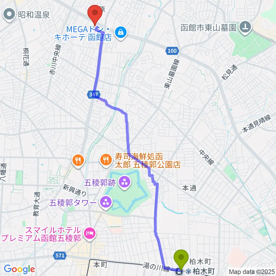 柏木町駅から函館市亀田交流プラザへのルートマップ地図