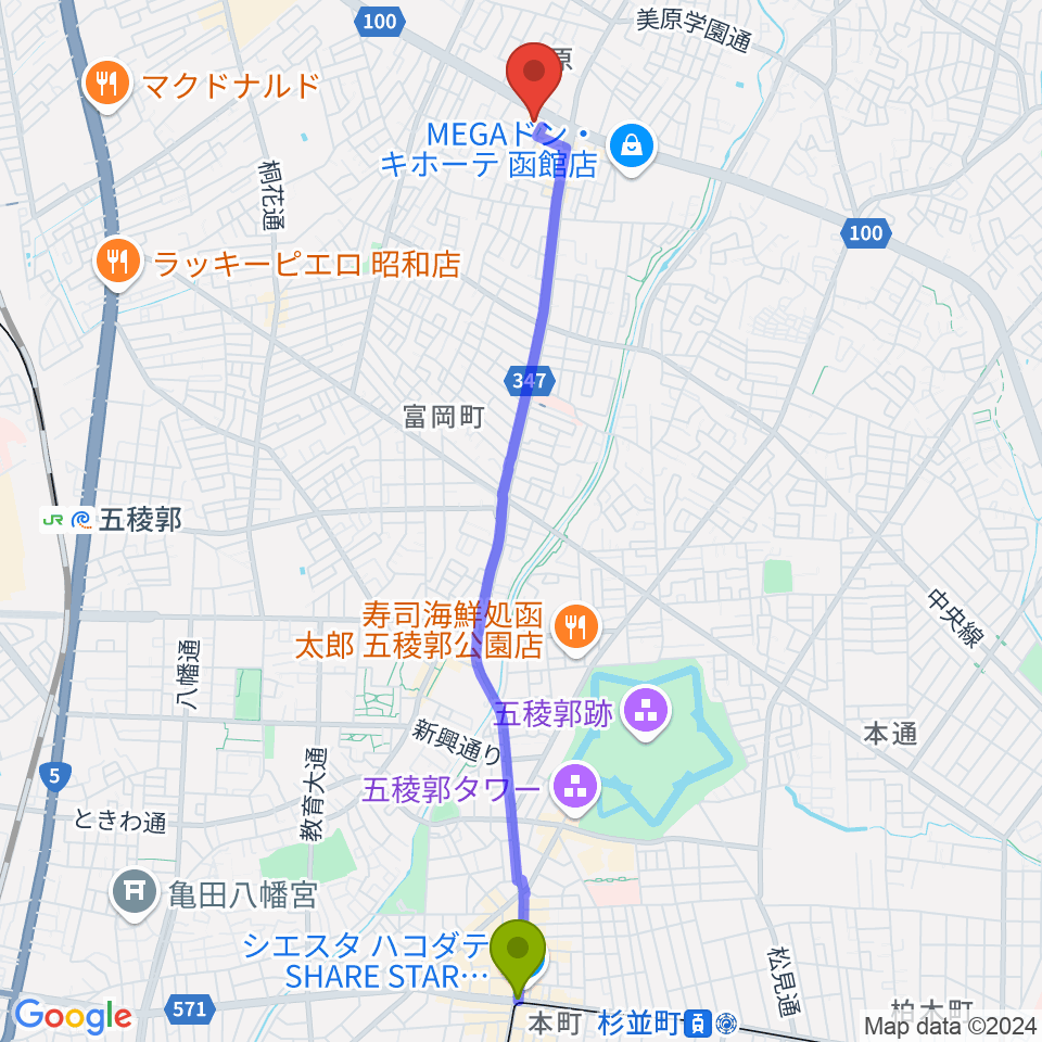 五稜郭公園前駅から函館市亀田交流プラザへのルートマップ地図