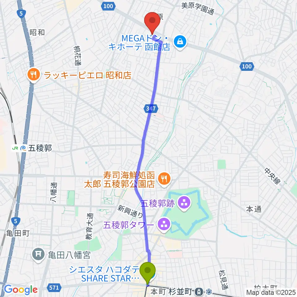 五稜郭公園前駅から函館市亀田交流プラザへのルートマップ地図