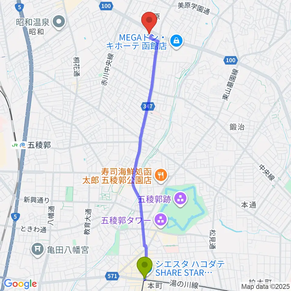 五稜郭公園前駅から北海道ハウスダンプラザへのルートマップ地図