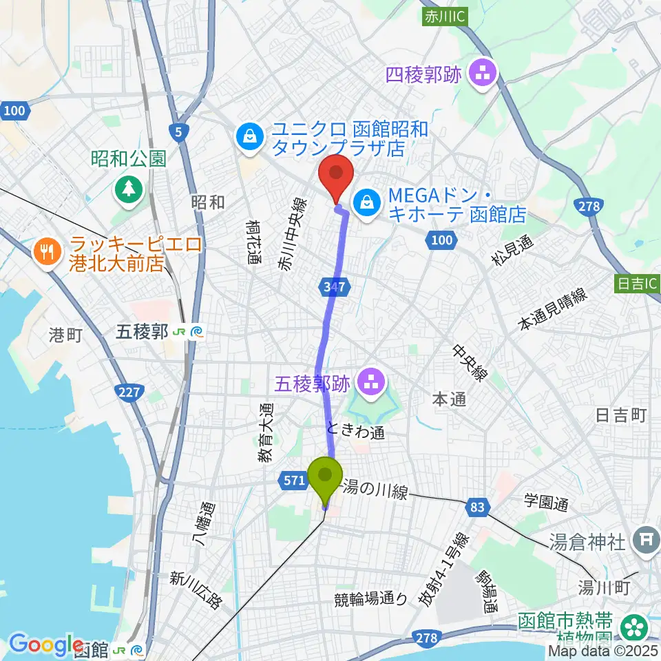 中央病院前駅から函館市亀田交流プラザへのルートマップ地図