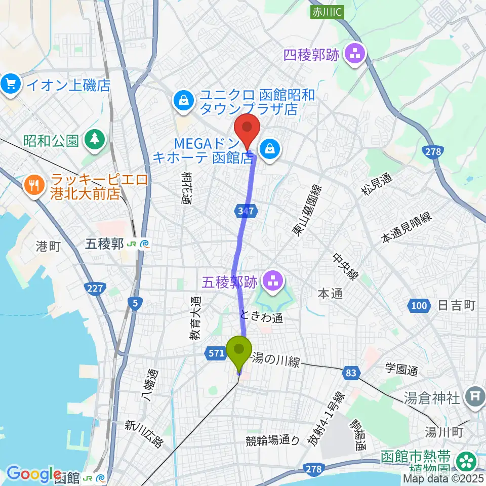 中央病院前駅から函館市亀田交流プラザへのルートマップ地図