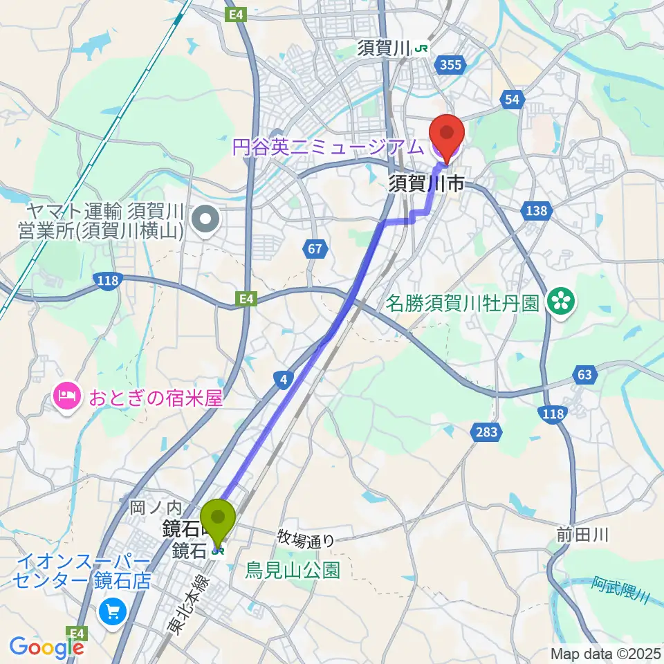 鏡石駅から須賀川市民交流センターtetteへのルートマップ地図