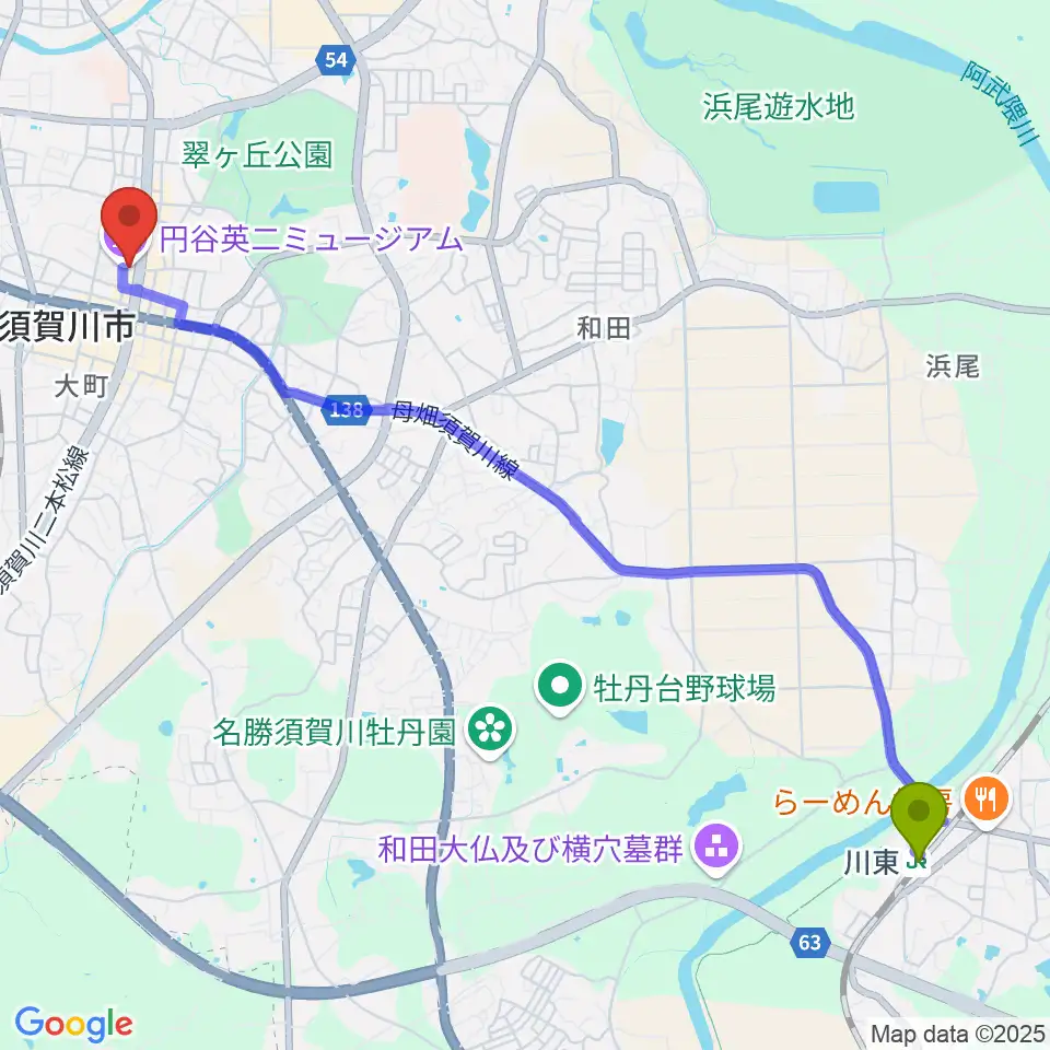 川東駅から須賀川市民交流センターtetteへのルートマップ地図