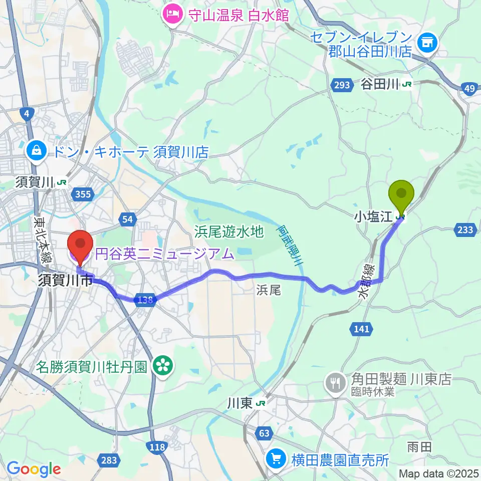 小塩江駅から須賀川市民交流センターtetteへのルートマップ地図