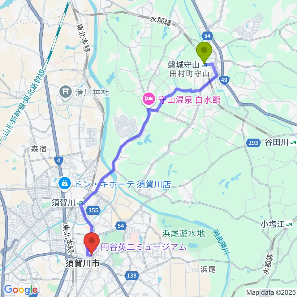 磐城守山駅から須賀川市民交流センターtetteへのルートマップ地図