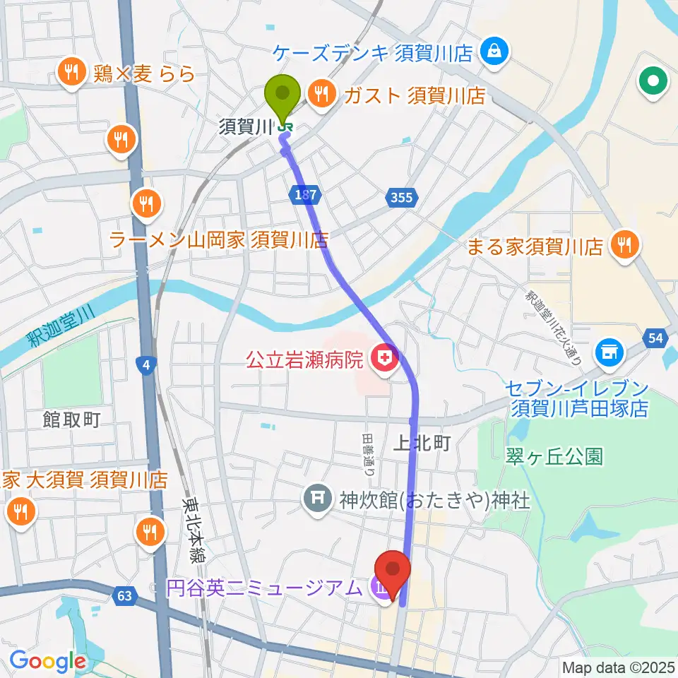 ウルトラFMの最寄駅須賀川駅からの徒歩ルート（約22分）地図