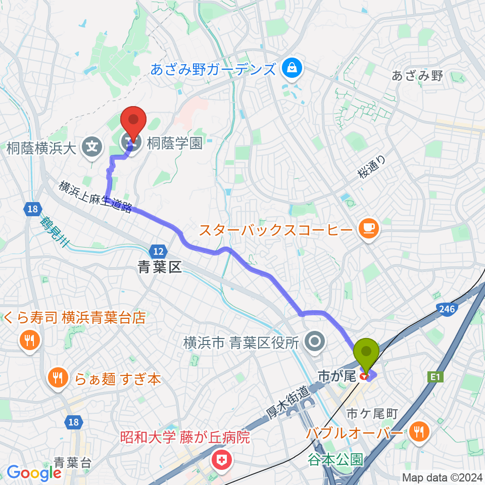 桐蔭学園シンフォニーホールの最寄駅市が尾駅からの徒歩ルート（約42分）地図