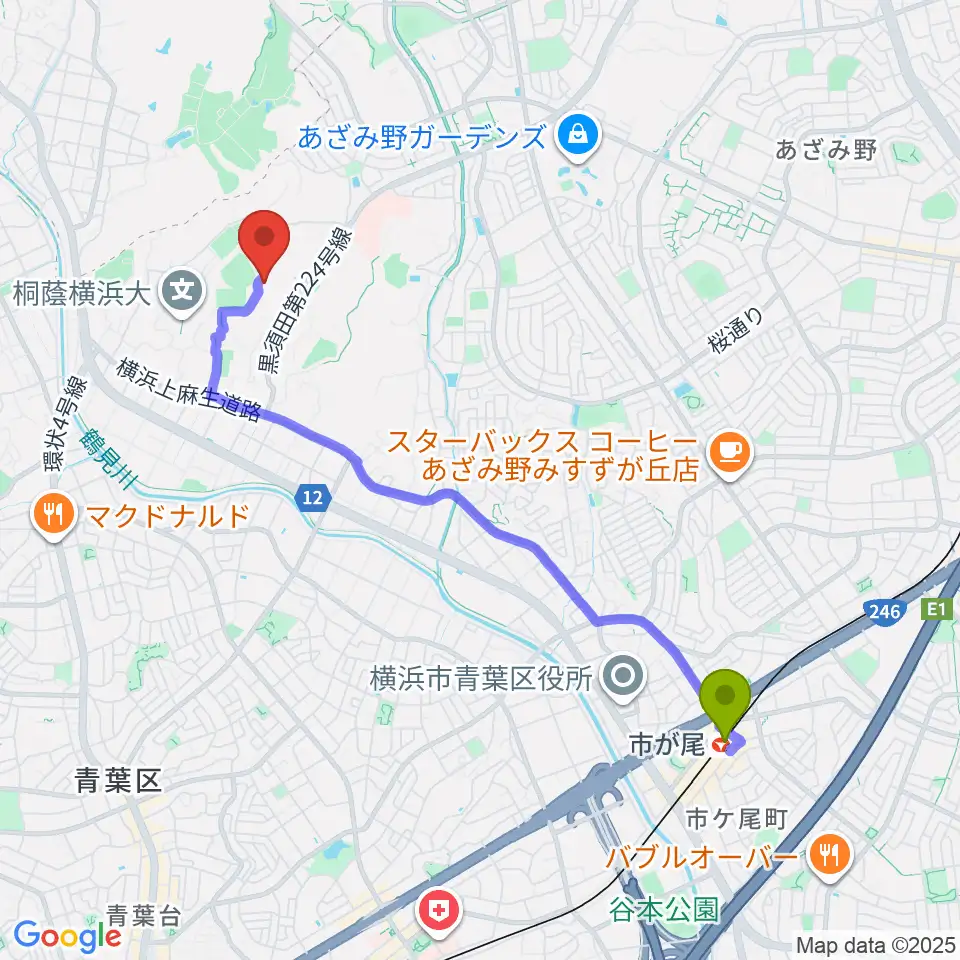 桐蔭学園シンフォニーホールの最寄駅市が尾駅からの徒歩ルート（約42分）地図