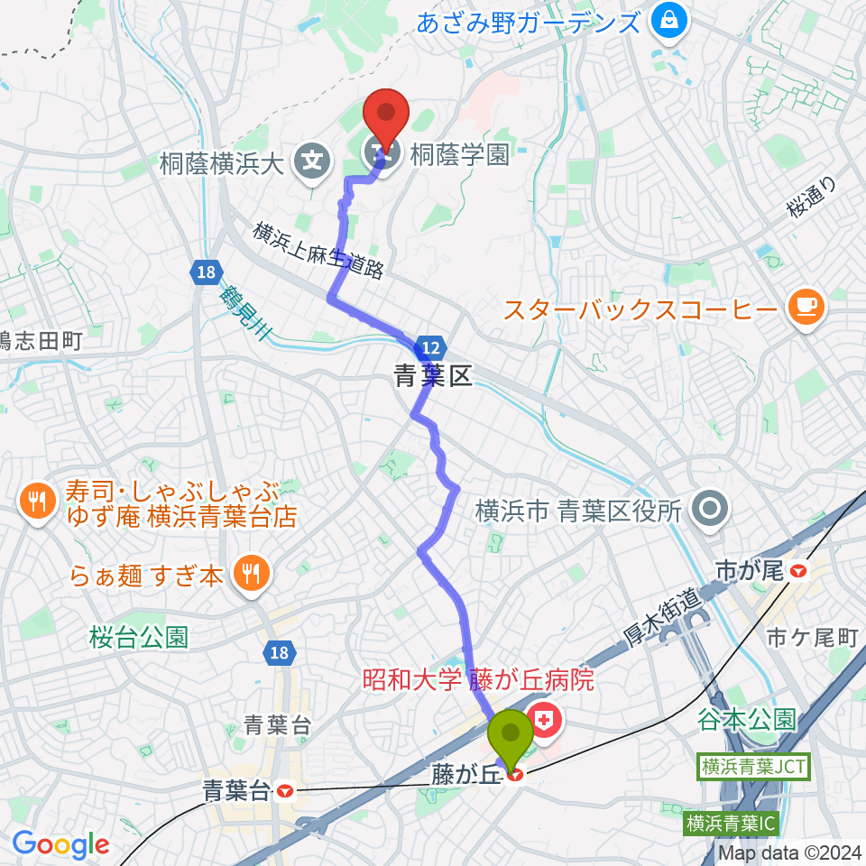 藤が丘駅から桐蔭学園シンフォニーホールへのルートマップ地図