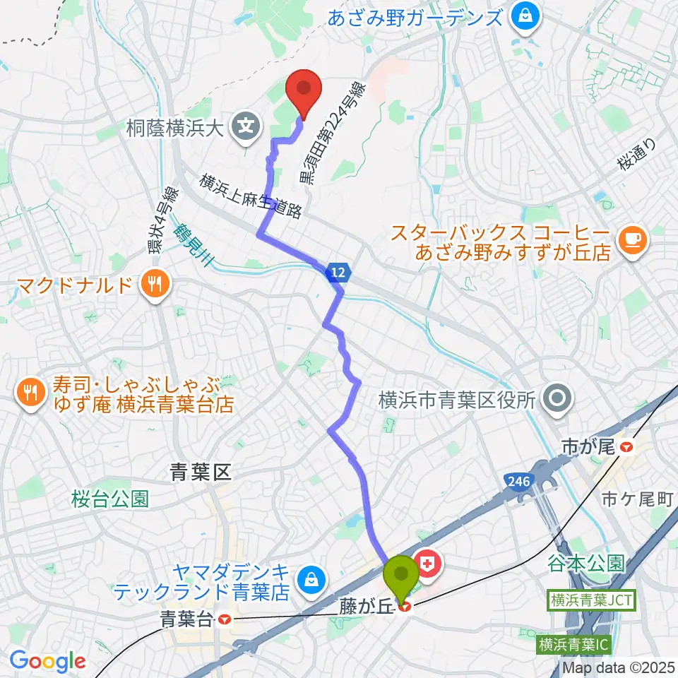 藤が丘駅から桐蔭学園シンフォニーホールへのルートマップ地図