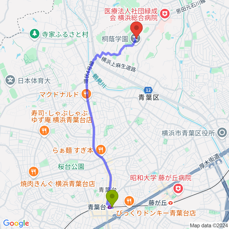 青葉台駅から桐蔭学園シンフォニーホールへのルートマップ地図