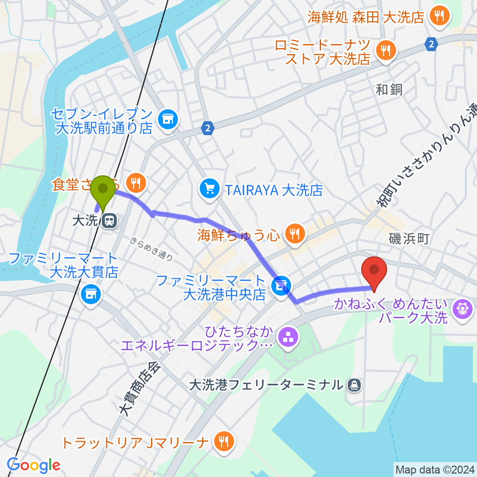 トヨペットスマイルホール大洗の最寄駅大洗駅からの徒歩ルート（約18分）地図