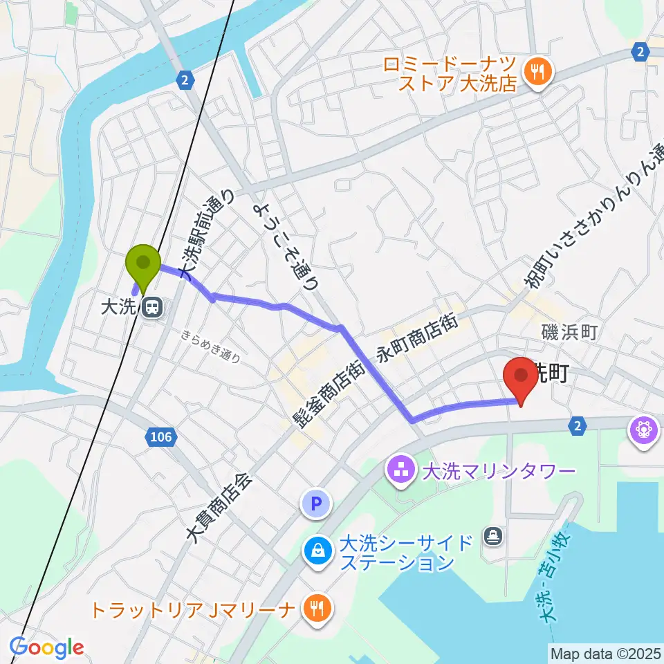 トヨペットスマイルホール大洗の最寄駅大洗駅からの徒歩ルート（約18分）地図