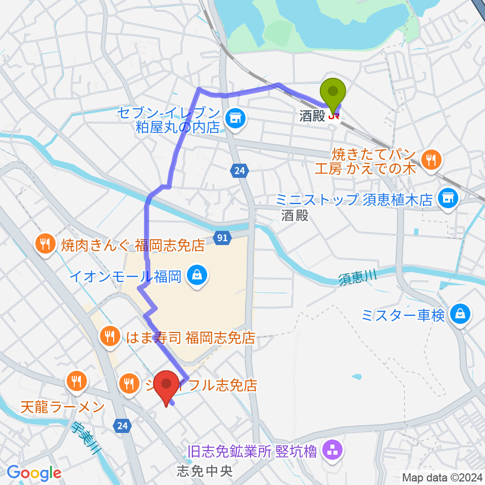 志免町立町民センターの最寄駅酒殿駅からの徒歩ルート（約22分）地図