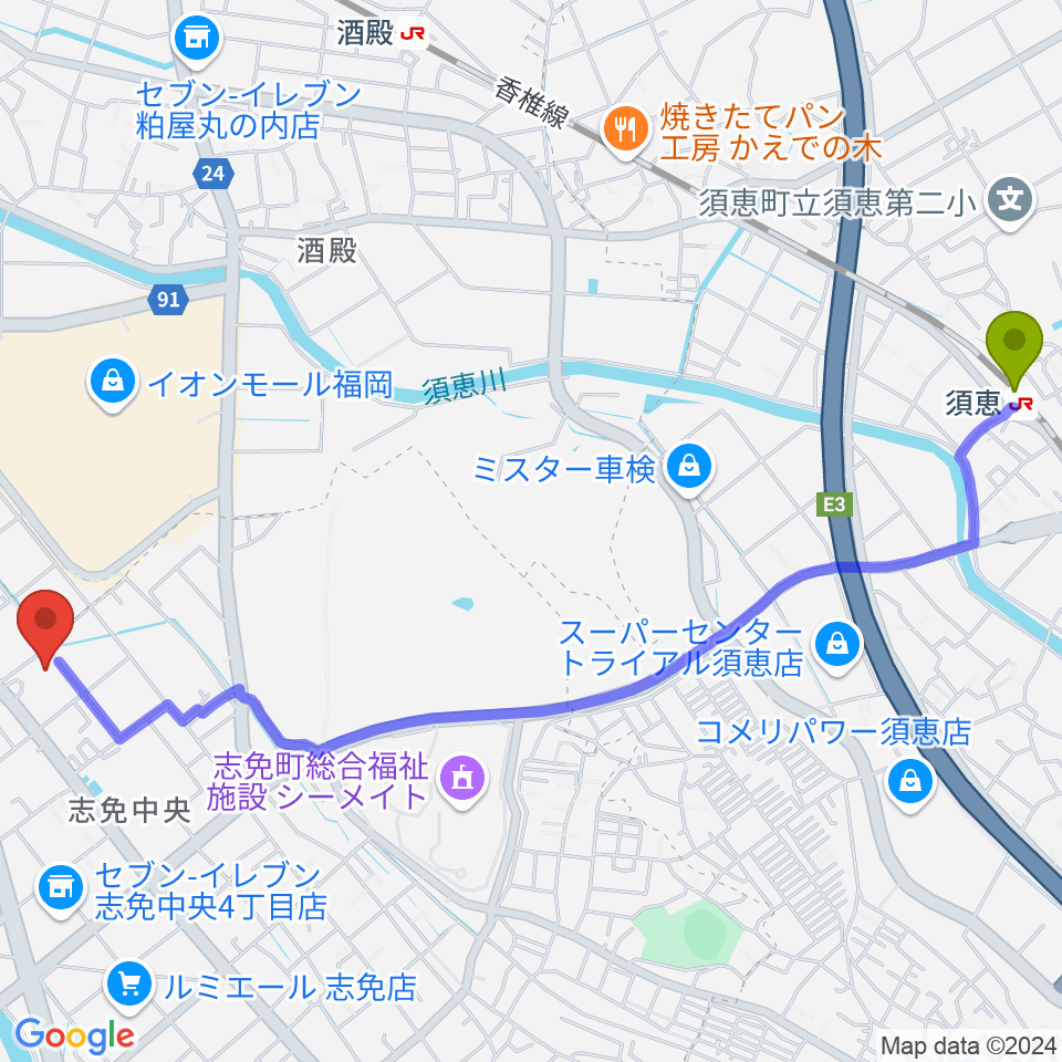 須恵駅から志免町立町民センターへのルートマップ地図