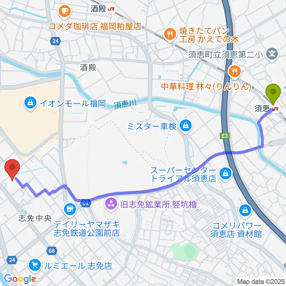 須恵駅から志免町立町民センターへのルートマップ地図