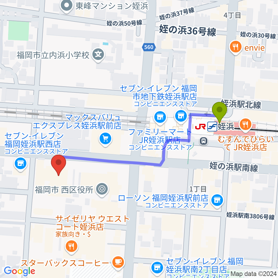 福岡市立西市民センターの最寄駅姪浜駅からの徒歩ルート（約5分）地図