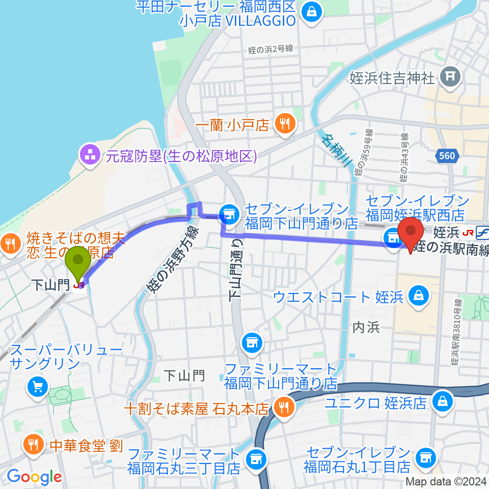 下山門駅から福岡市立西市民センターへのルートマップ地図