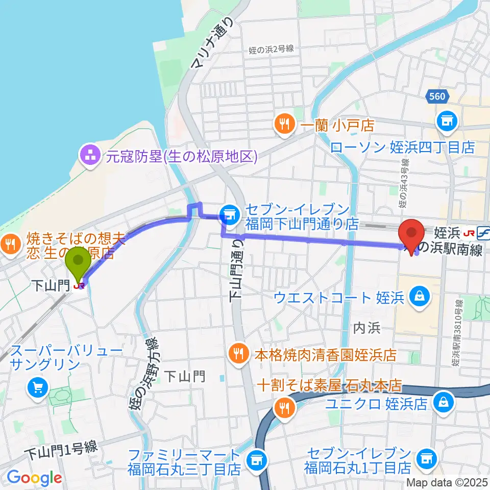 下山門駅から福岡市立西市民センターへのルートマップ地図