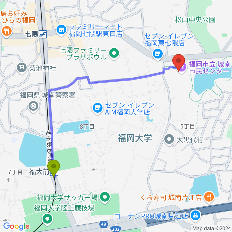 福大前駅から福岡市城南区城南市民センターへのルートマップ地図