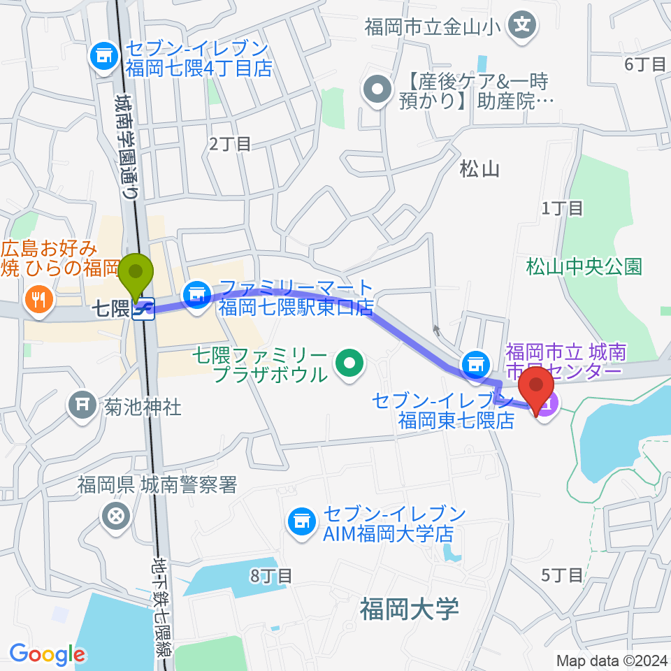 福岡市城南区城南市民センターの最寄駅七隈駅からの徒歩ルート（約10分）地図