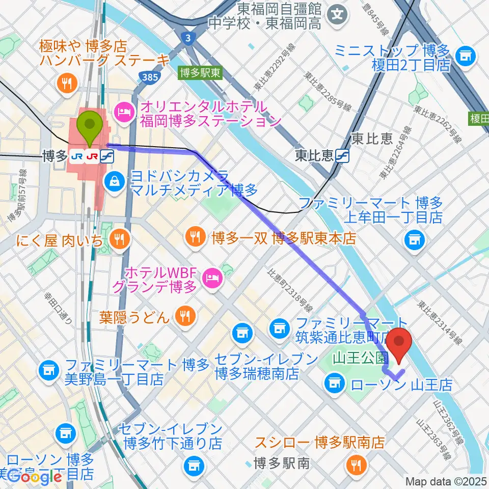 博多駅から福岡市立博多市民センターへのルートマップ地図